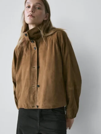 Lyhyt mokkanahkainen bomber-takki