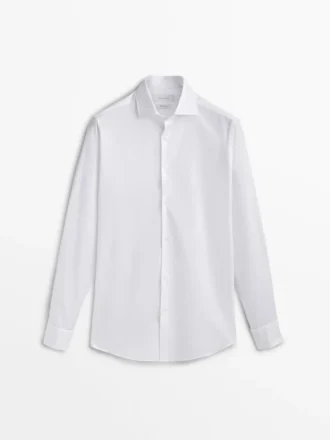 Slim Fit -puuvillakauluspaita, jossa on kaksinkertaiset hihansuut